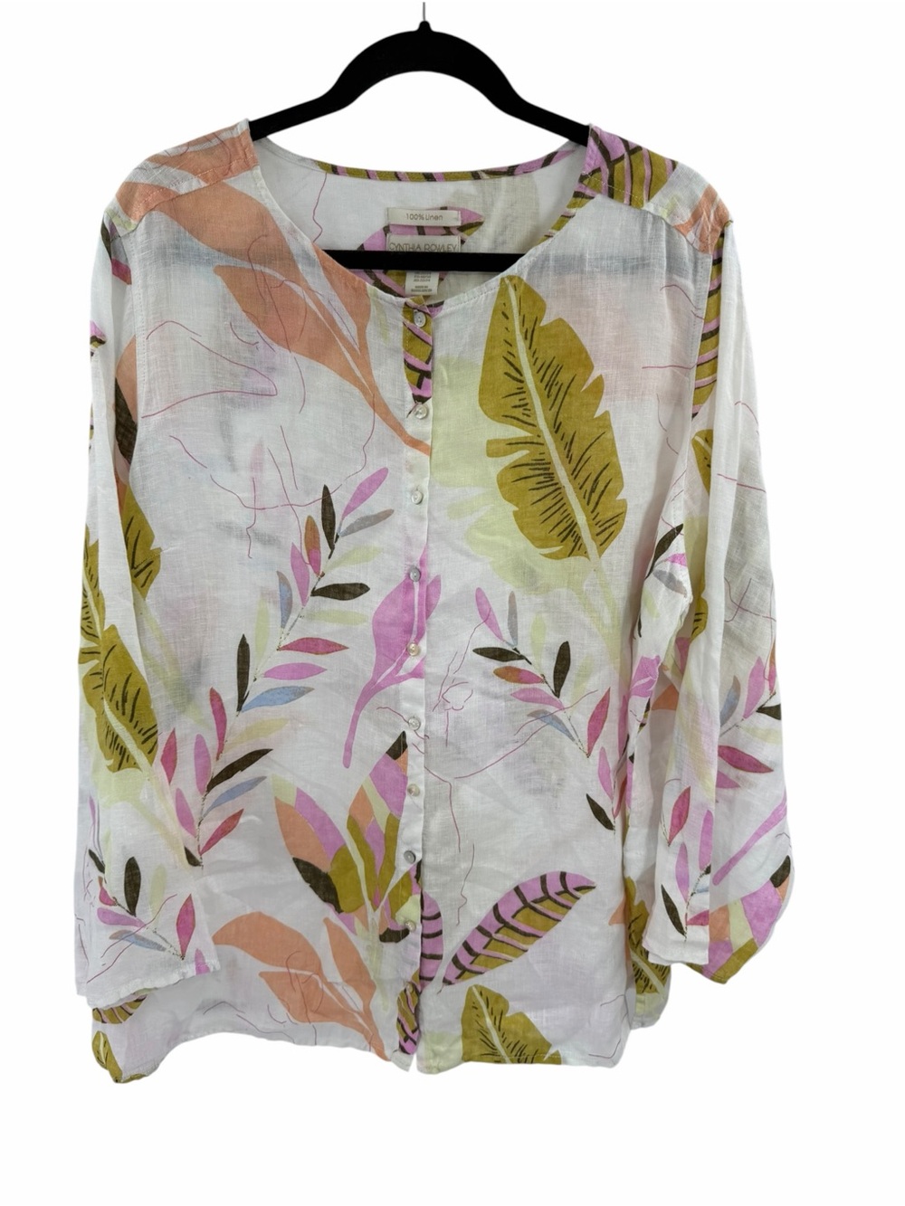 Cynthia Rowley 100% Linen lightweight Button Front Leaf Print Colorful Blouse 2X